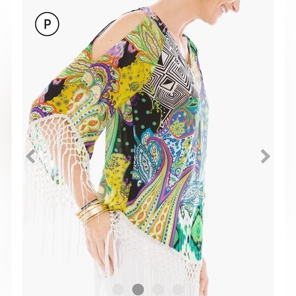 CHICO’S RETRO MACRAMÉ FRINGE PAISLEY MOD TUNIC TOP SIZE LARGE EUC - Picture 12 of 12